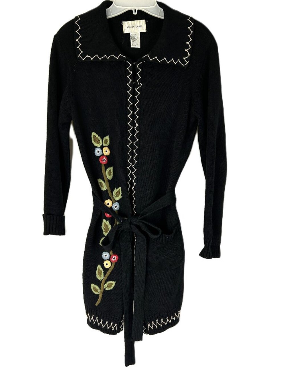 Lemon Grass Vintage Floral Embroidered Long Cardigan M